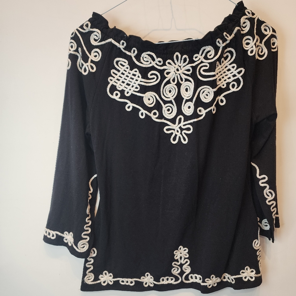 Lauren Michelle Top Large Blouse Tunic Embroidered Crew Neck Boho Classic Black - Picture 9 of 9